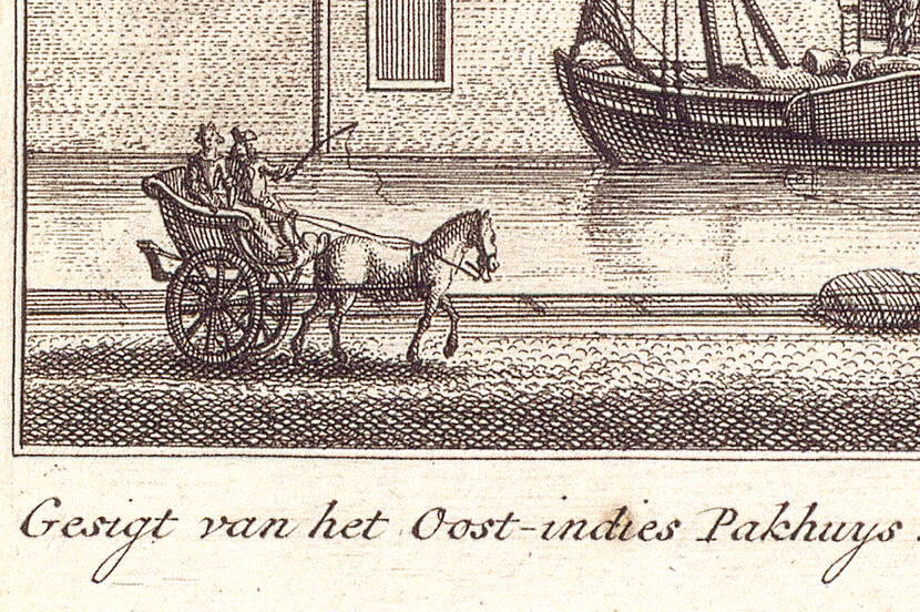 AA5682 Anoniem, Gesigt van het Oost-indies Pakhuys te Delft (detail), tweede kwart 18de eeuw
