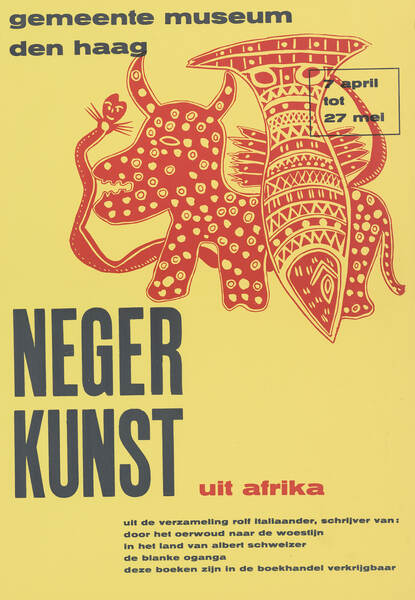 Afbeelding van een Affiche ‘Negerkunst uit Afrika’, 1957 Inkt op papier, 50 x 35,5 cm, met dieren in Afrikaans motief © Gemeentemuseum Den Haag Object ABAF4994