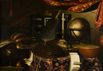 Bartolomeo Bettera, Stilleven met muziekinstrumenten, astrolabe, globe en kandelaar Object NK2133
